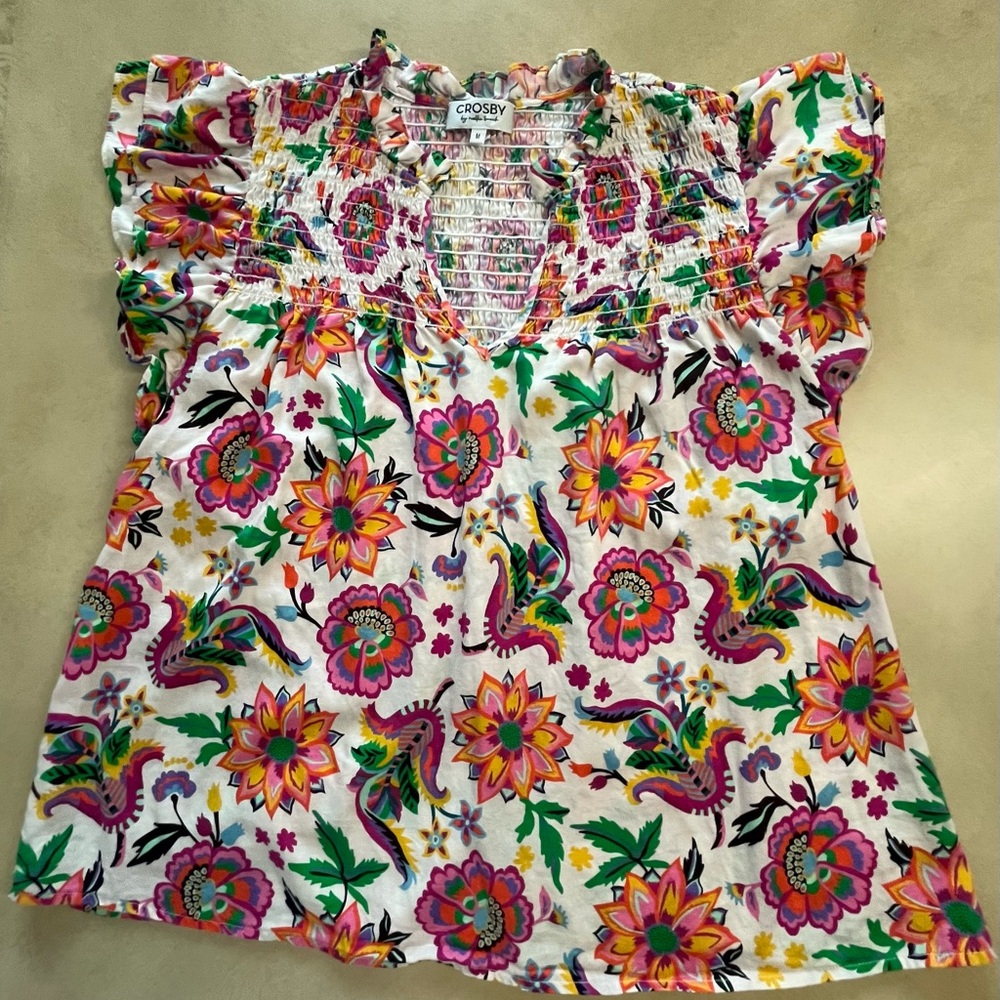 CROSBY by Mollie Burch White Floral Smocked V-Neck Top with Pink, Orange & Green